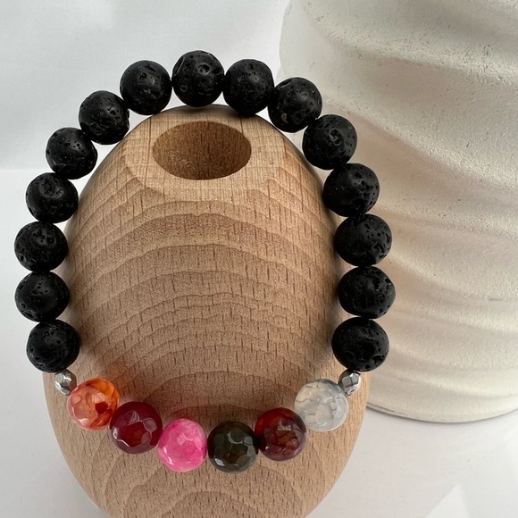 Gemstone and Lava Stone Diffuser Stretch Bracelet - Picture 1 of 12